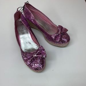 Pink Glitter Bow Heeled Wedges Espadrilles 5 NEW